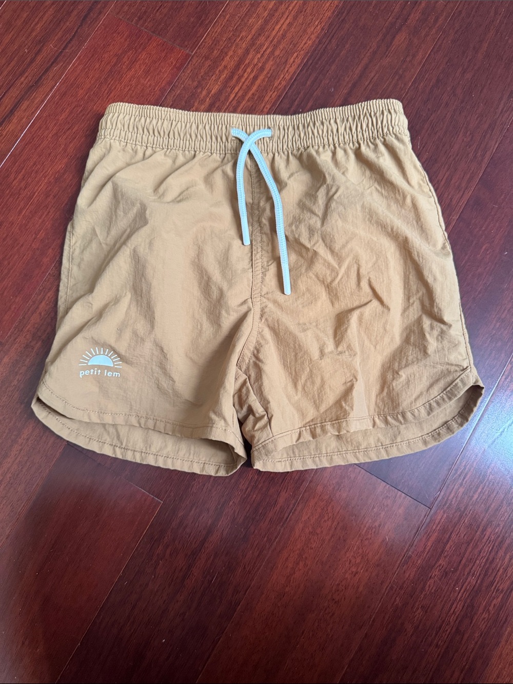 Petit Lem Tan Athletic Swim Shorts with White Drawstring